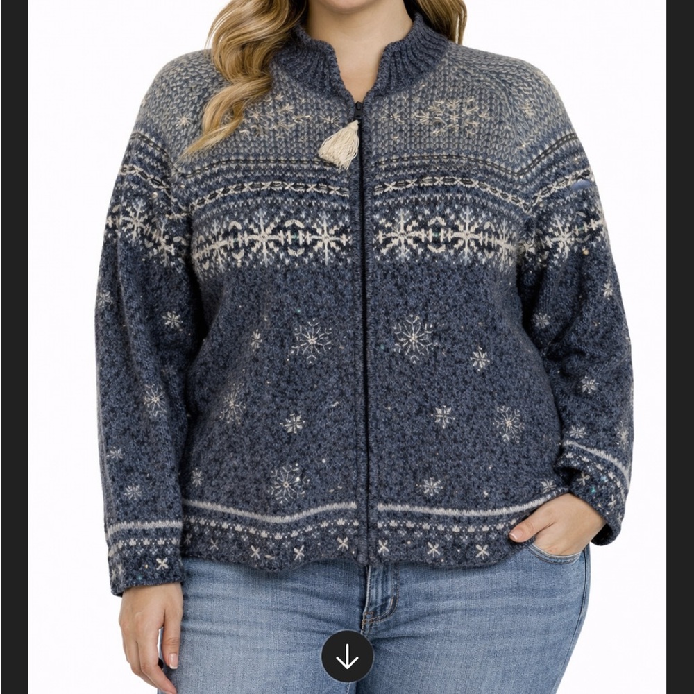 Vintage Nordic Snowflake Beaded Zip Cardigan Jacket Blue 18/20 Cozy Lodgecore